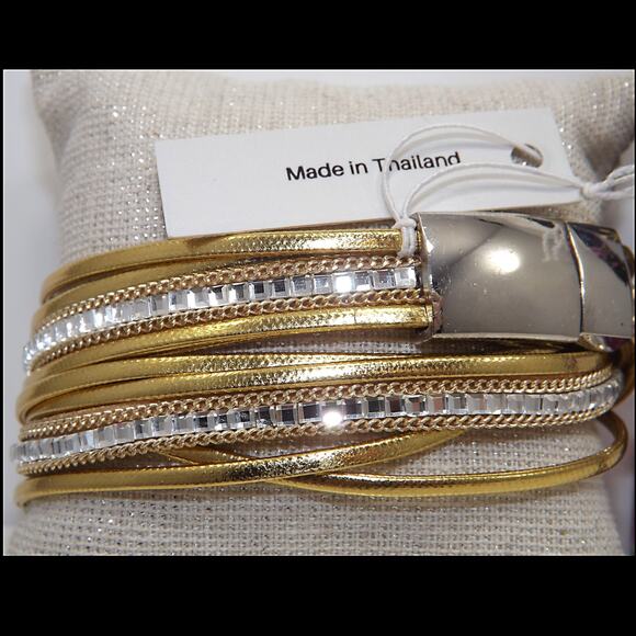 Thailand Leather Rhinestone Bracelet, Gold Leather, Crystal Rhinestone, NWT, 15" - Picture 1 of 8